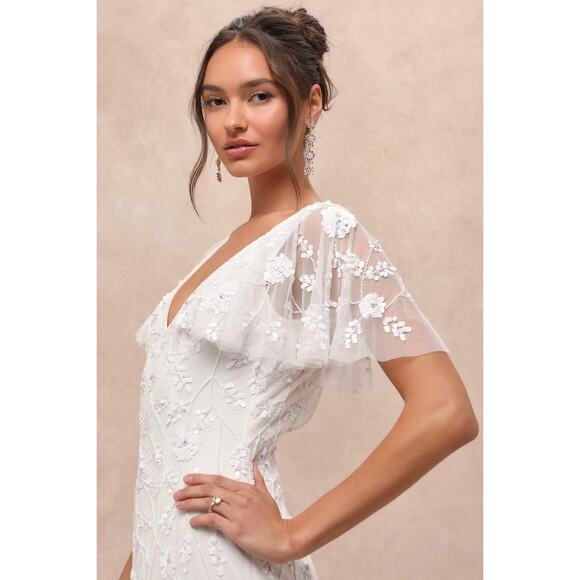 NWT Lulus Safiya White Sequin Flutter Sleeve Maxi Dress Wedding Bridal Bride S - Picture 6 of 14